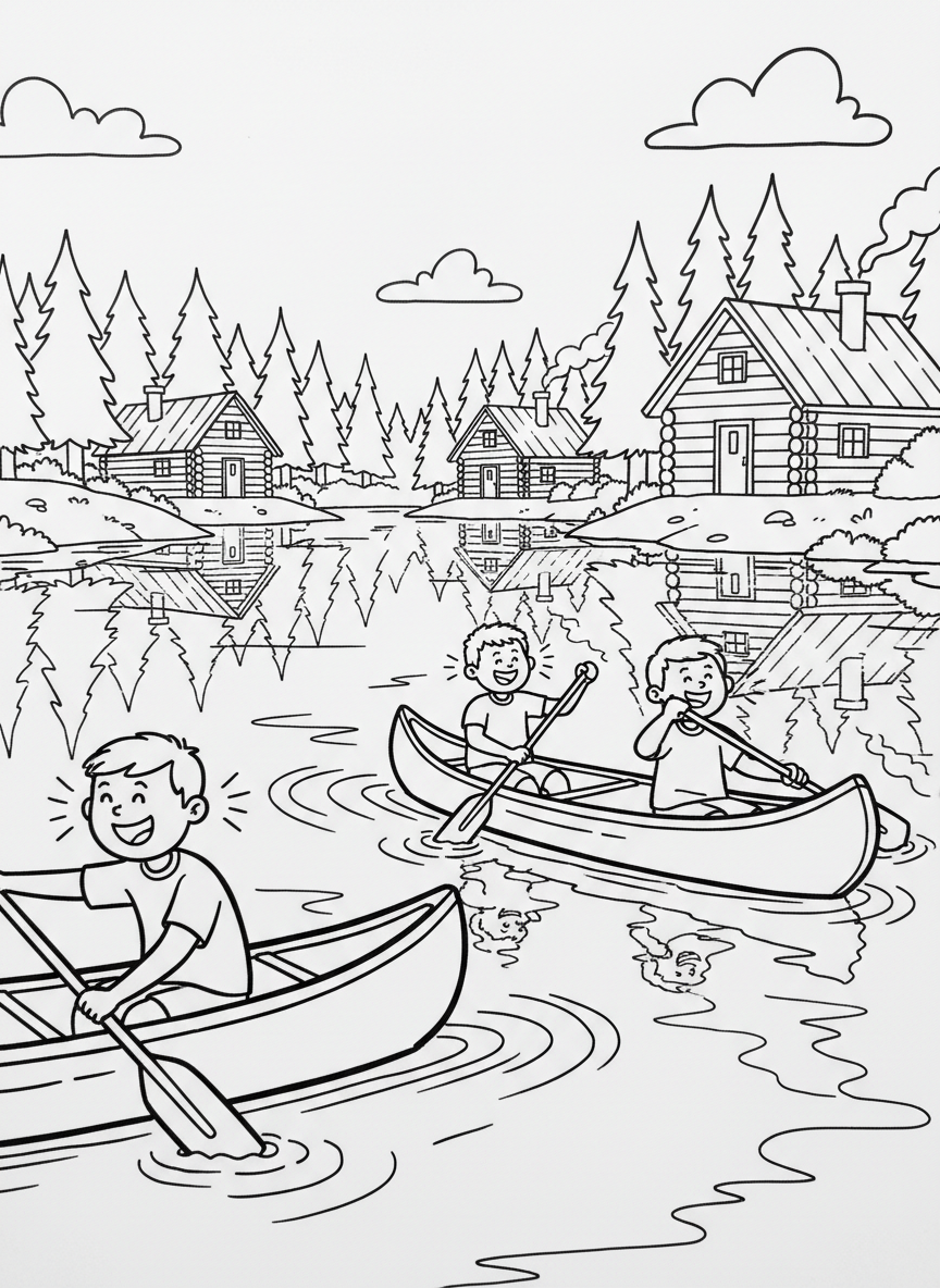 Summer Camp coloring page prompts capturing outdoor fun, friendships, cabins, and memorable childhood adventures.	Campers paddling canoes across calm water, reflections rippling gently as laughter carries across the lake.