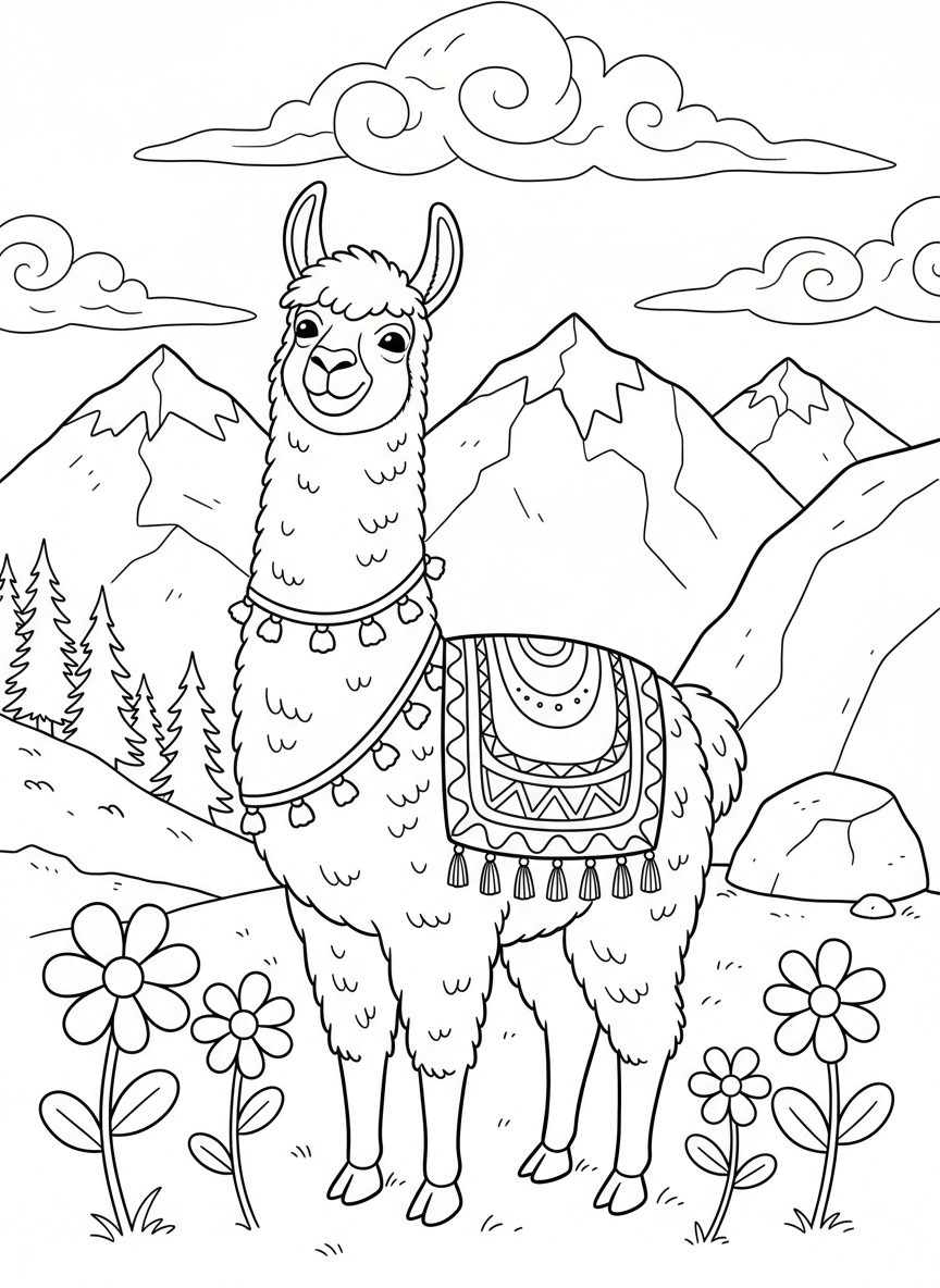 A happy llama wearing a decorative saddle and colorful blanket, standing in a mountain meadow with simple flowers around its feet.