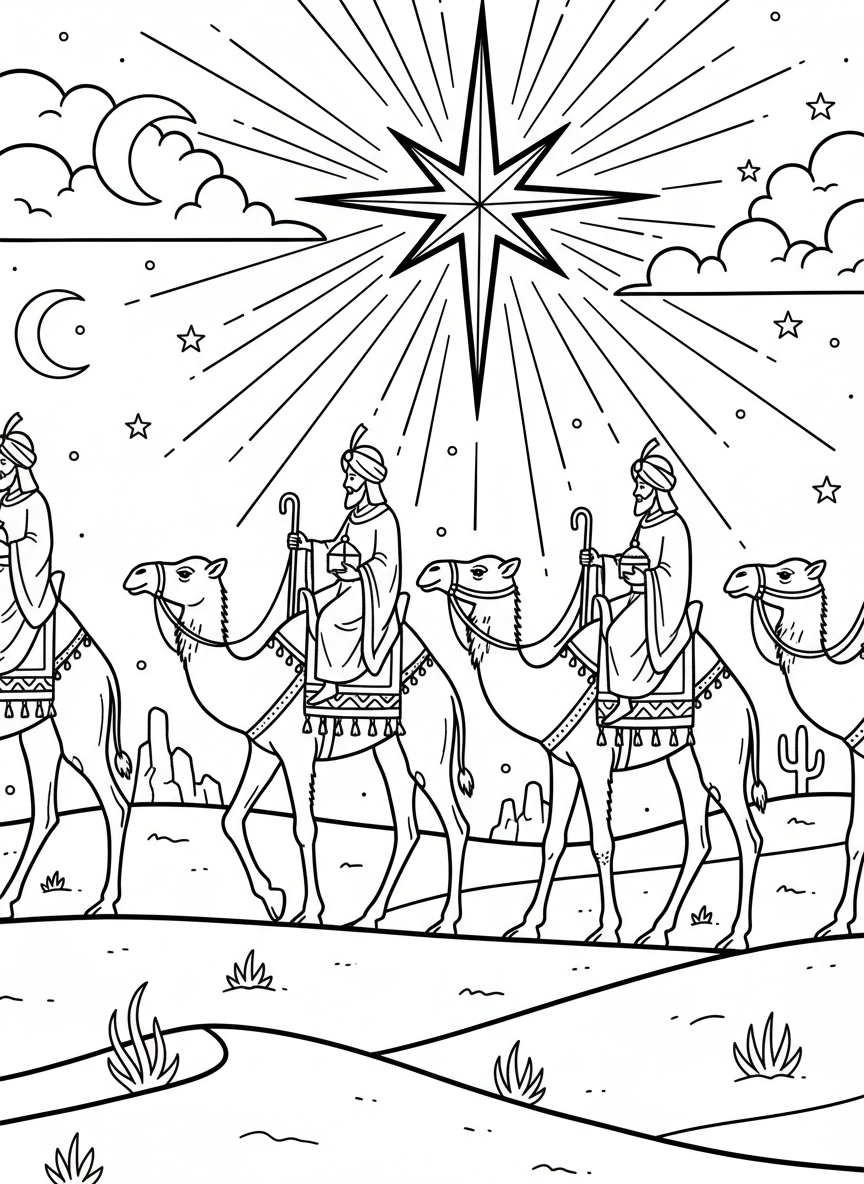 Three wise men on camels following the star of Bethlehem across the desert