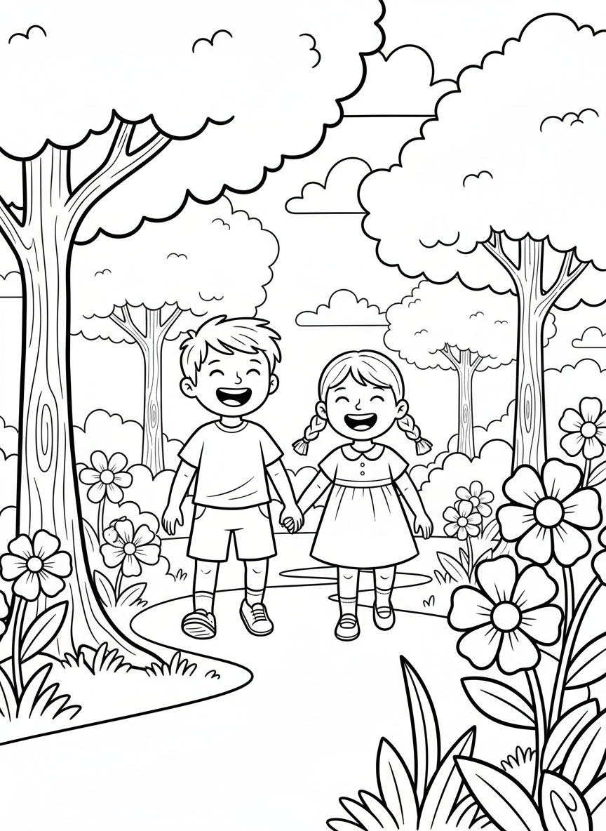 Two children holding hands while walking through a park with trees and flowers, smiling and laughing together in a simple line-art style.