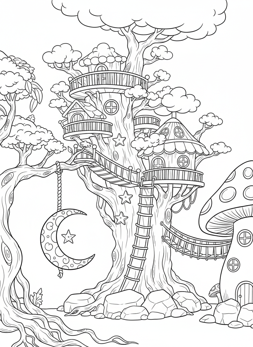 A magical treehouse with a rope swing shaped like a crescent moon, star-shaped climbing holds, and cloud decorations.