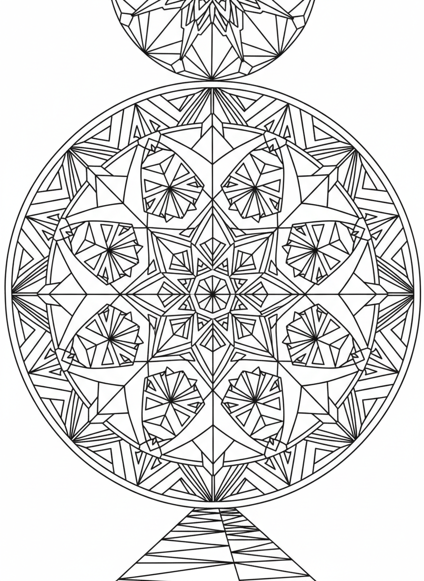 A circular mandala-style design featuring multiple small origami dinosaurs arranged in a pattern, with geometric shapes and fold lines throughout.