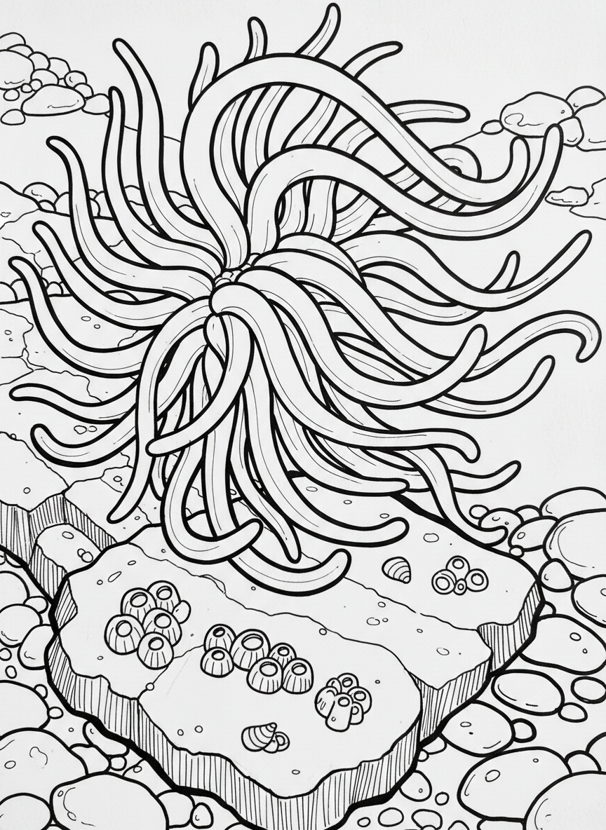 A close-up of a sea anemone with flowing tentacles, sitting on a rock with barnacles and tiny shells nearby.