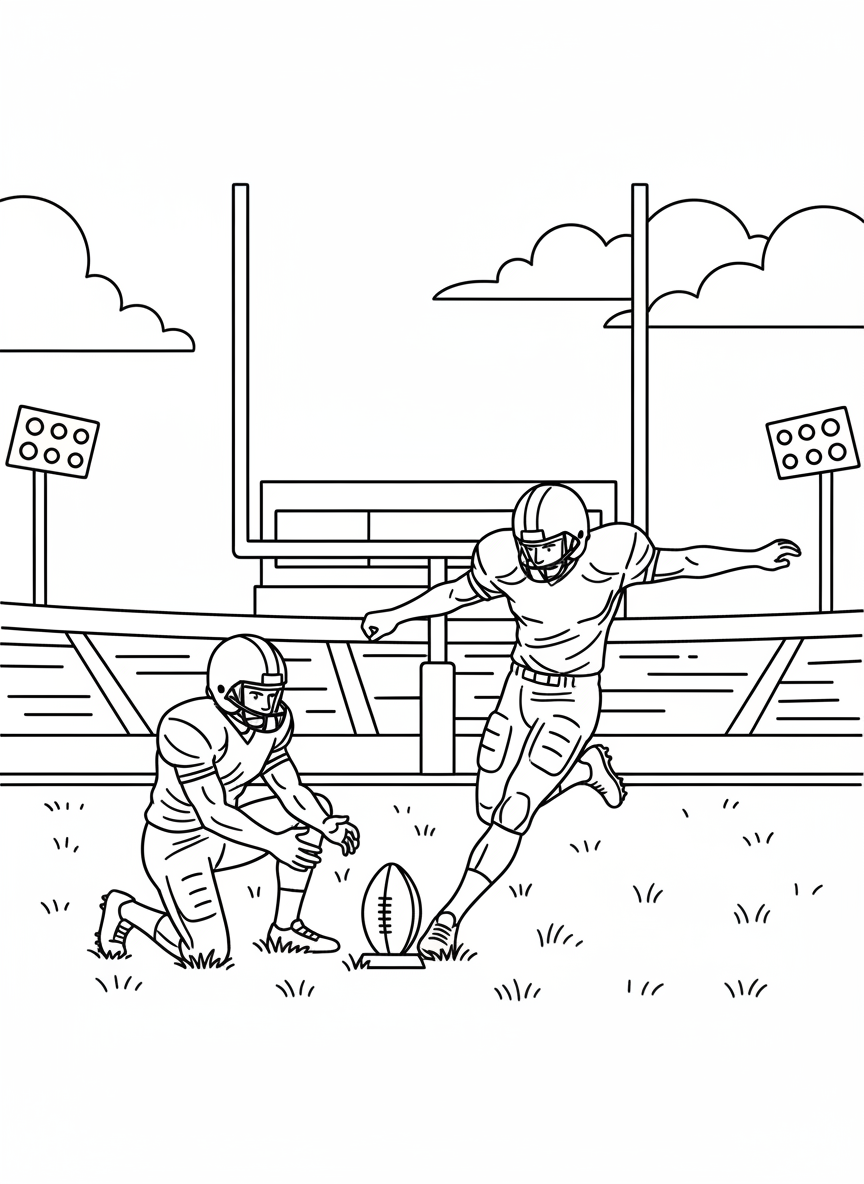 A kicker preparing to kick a field goal, with the holder positioning the football on the ground and goal posts ahead.