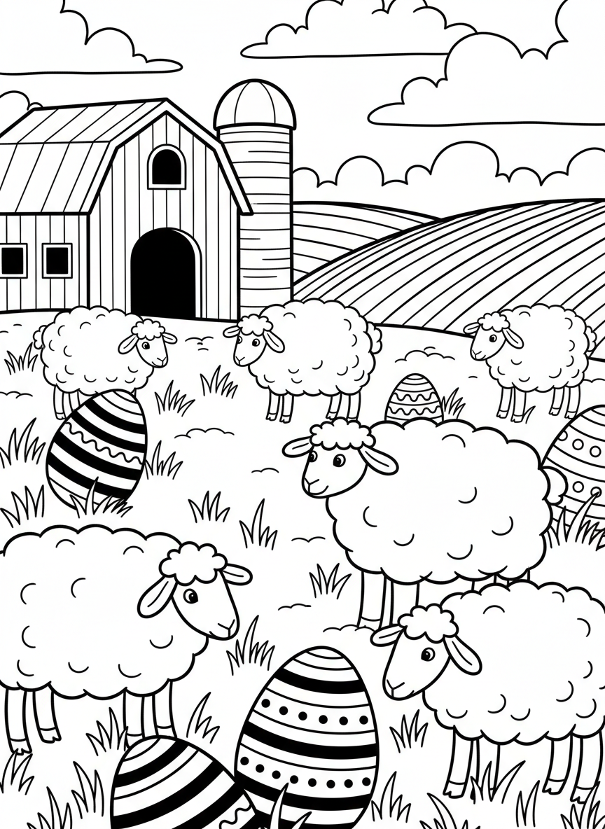 A pastoral scene with Easter eggs hidden among sheep, a barn, and rolling hills with fluffy clouds above.