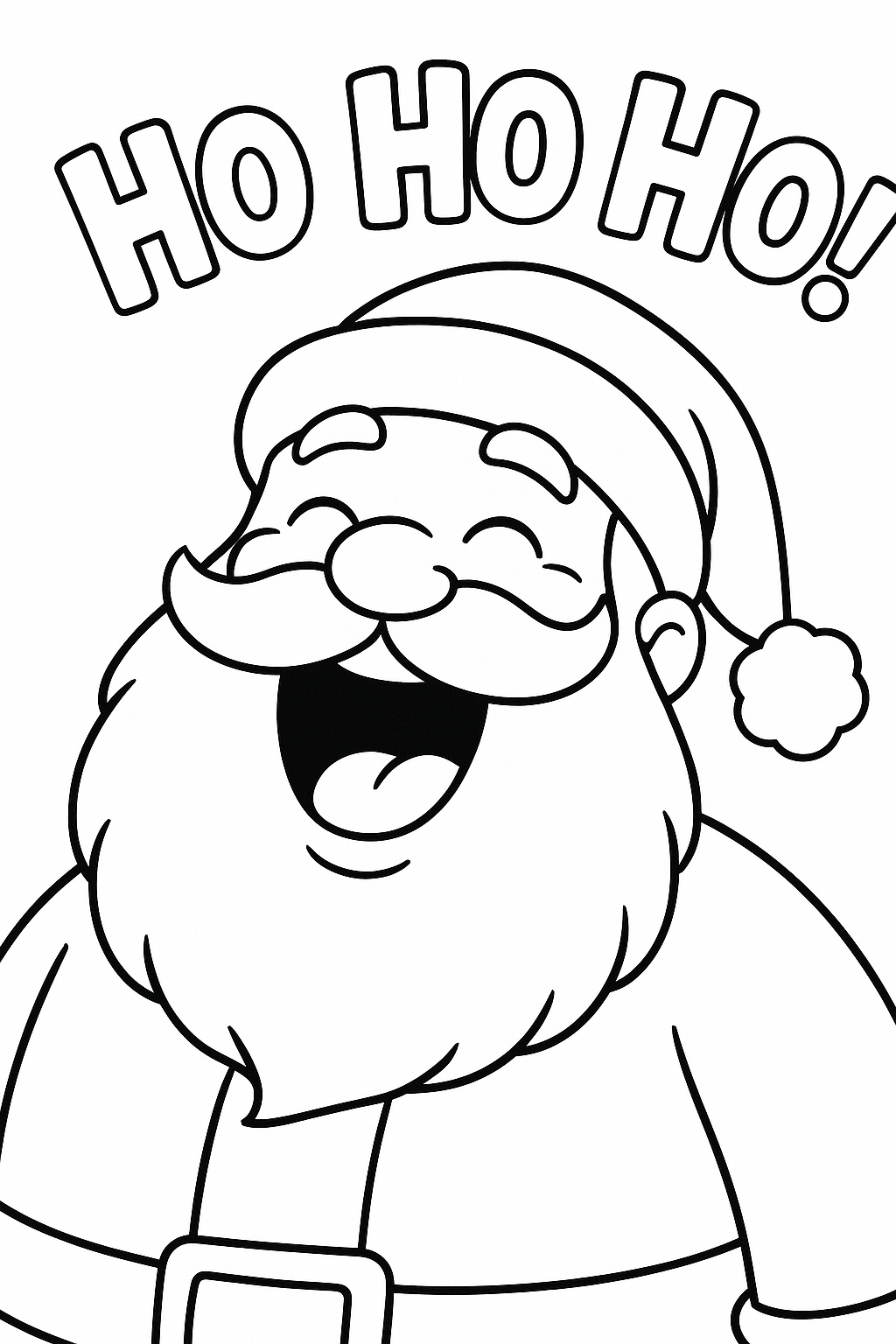 A close-up of Santa laughing, eyes closed, mouth open wide, with “Ho Ho Ho!” floating above in big bubble letters.