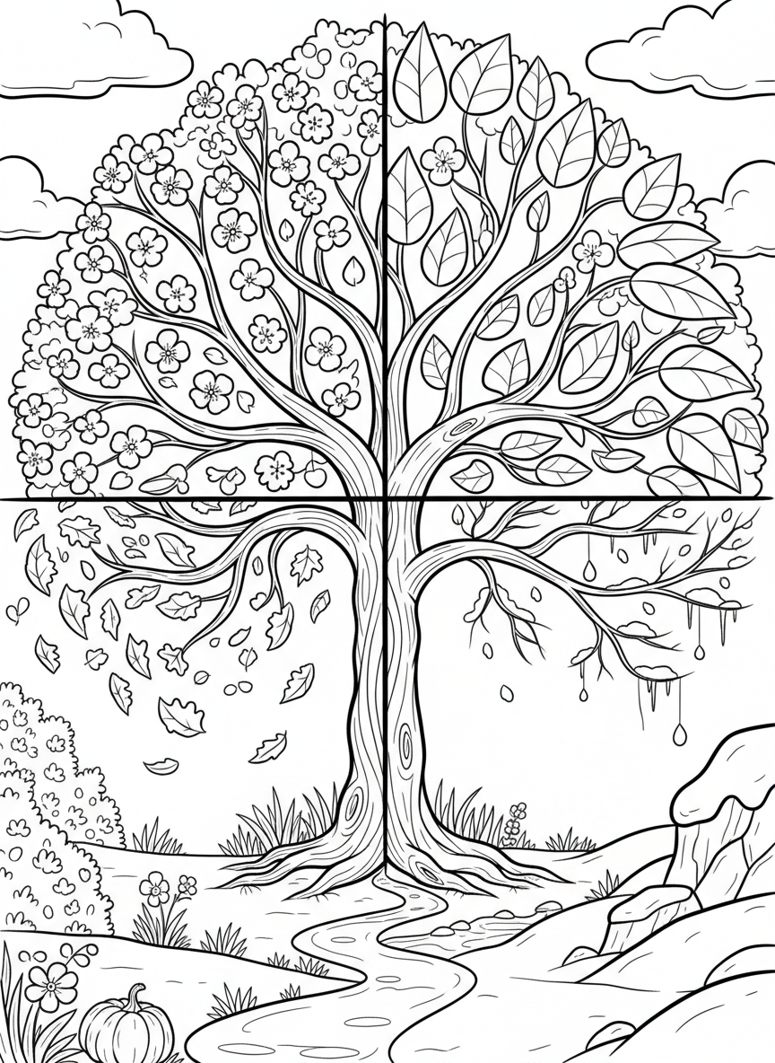 A tree showing all four seasons in quadrants: spring blossoms, summer leaves, autumn colors, and winter bare branches with snow.