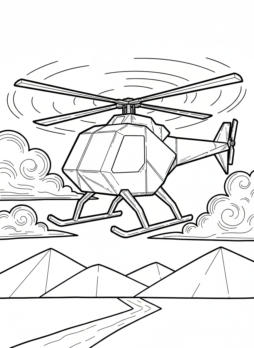 An origami helicopter with rotor blades on top, geometric body folds, and landing skids, hovering above clouds.