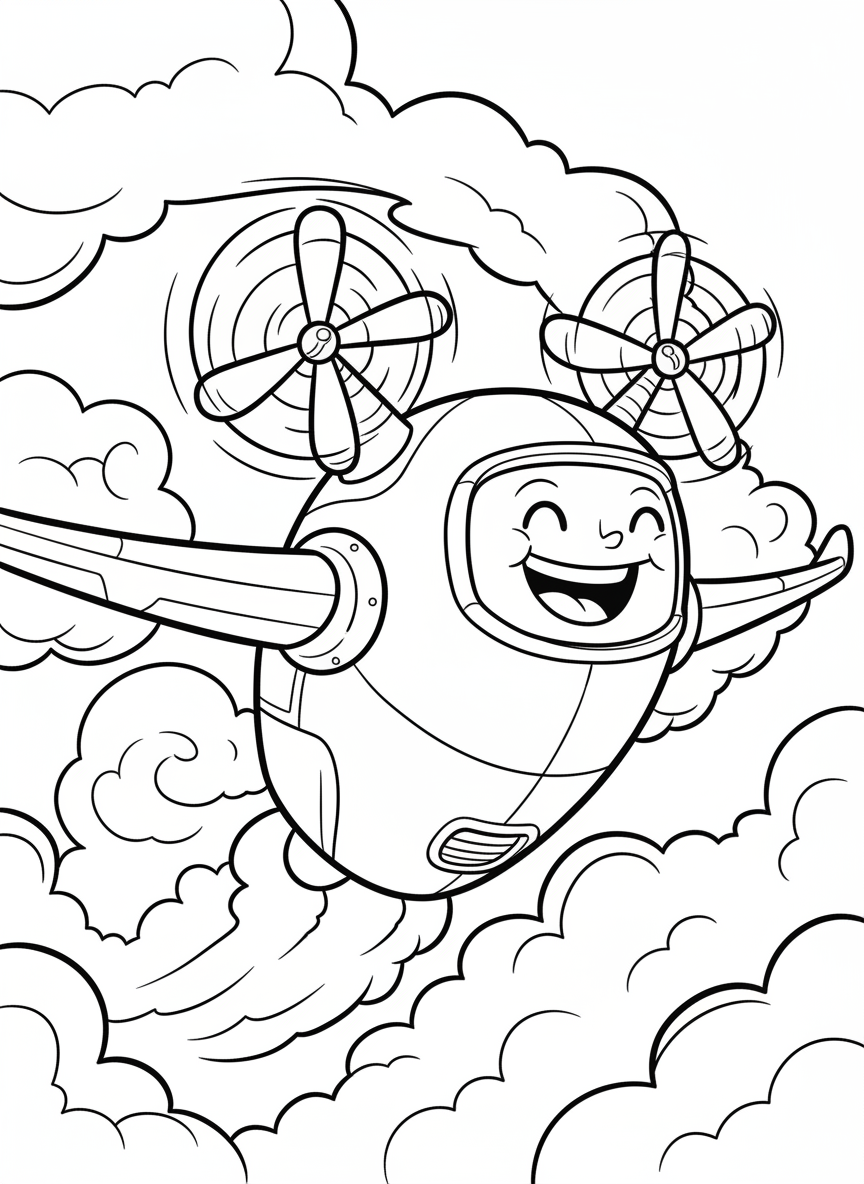 A flying robot with propellers and wings soaring through clouds, with a happy expression and streamlined body design.