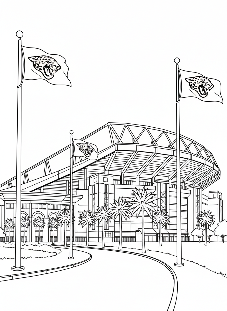 The Jacksonville Jaguars stadium exterior with flags waving and palm trees lining the entrance, architectural line art