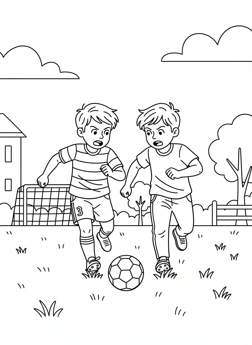 Two kids competing for the ball in a friendly match, both running side by side with focused expressions