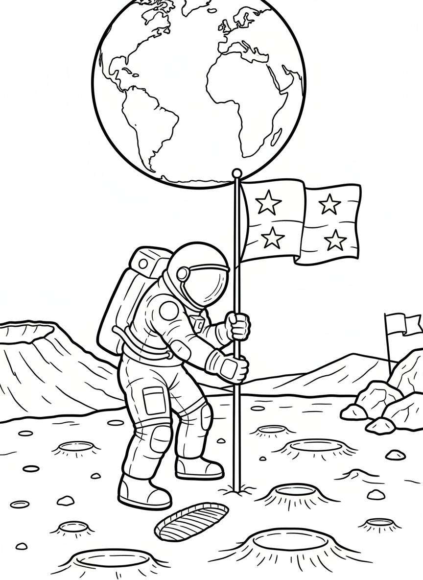 An astronaut planting a flag on the moon's surface with craters and Earth visible in the background sky.