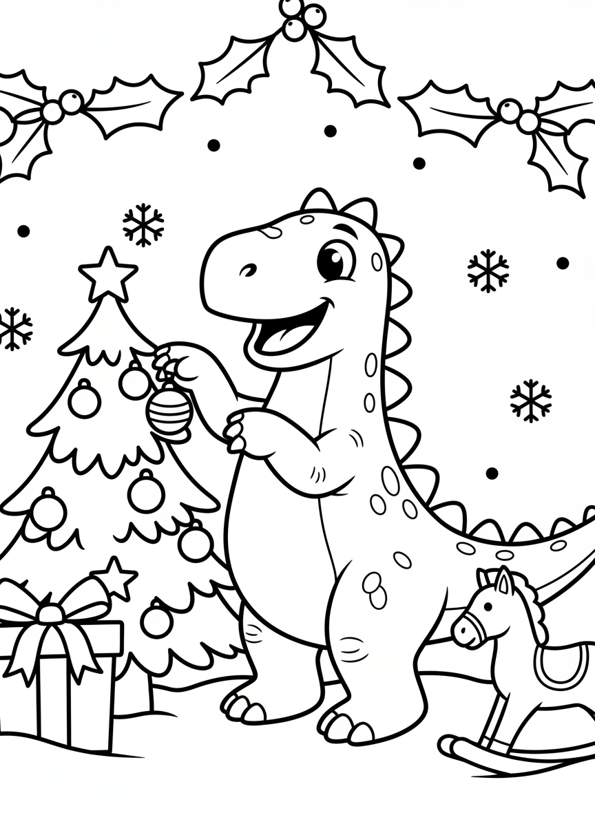 A happy Kentrosaurus decorating a small Christmas tree with ornaments, festive holiday scene with simple details