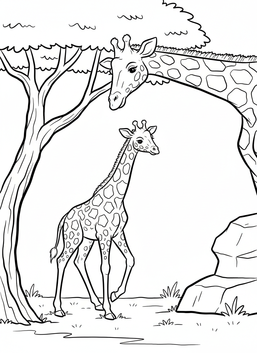 A baby giraffe taking its first steps with wobbly legs, mother giraffe watching nearby, tender moment in clean line art style