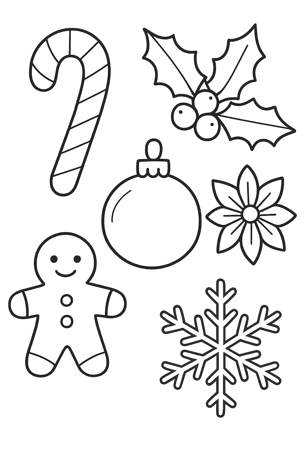 Holiday sticker sheet of crafting icons: candy cane, holly sprig, poinsettia, ornament, gingerbread cookie, snowflake.