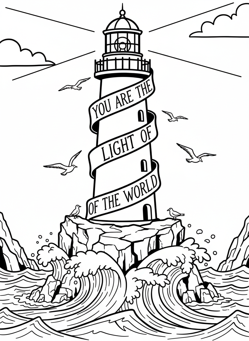 A lighthouse on rocky shores with waves and seagulls, featuring 'You are the light of the world' in banner-style letters.