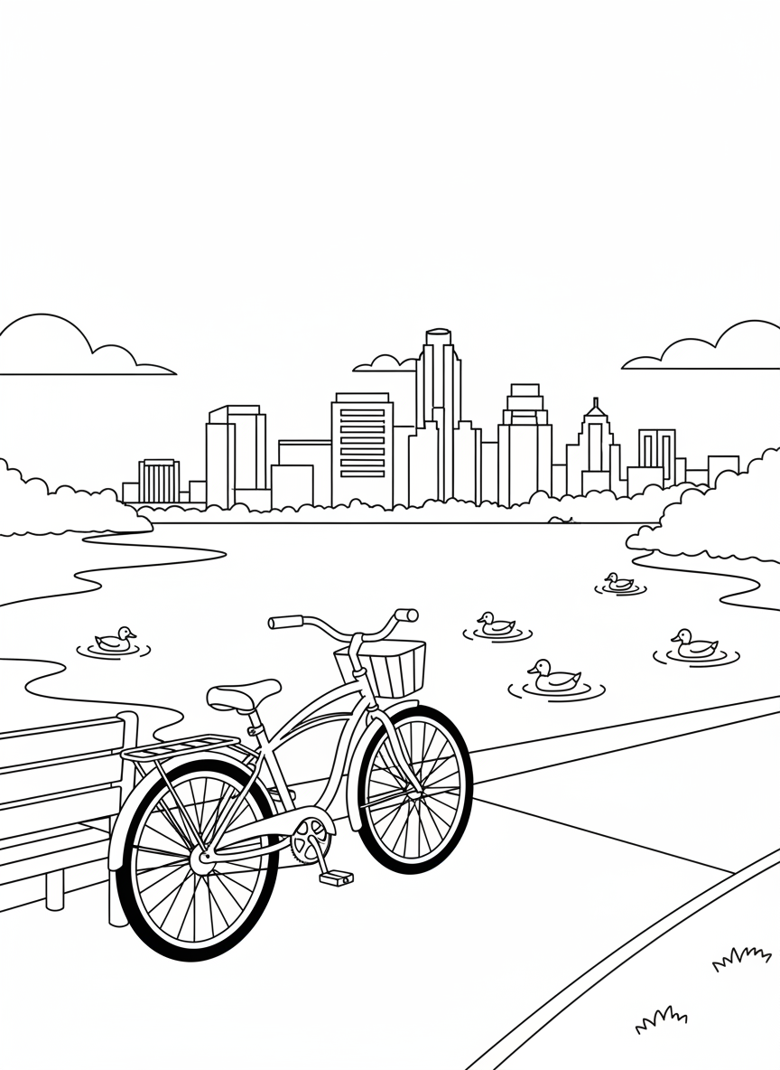 A bicycle on the Ann and Roy Butler Hike-and-Bike Trail with Lady Bird Lake and ducks nearby, peaceful outdoor scene