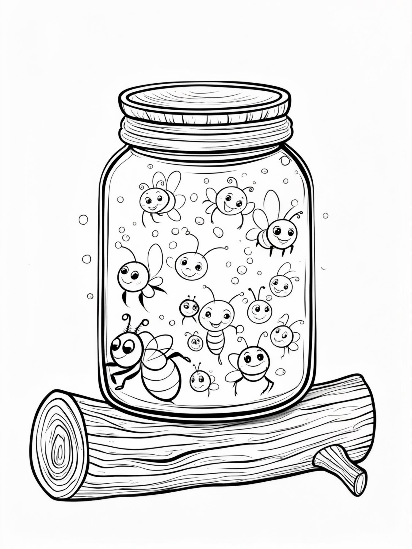 Firefly Jar: A close-up of a glass jar filled with glowing, smiling fireflies, sitting on a log.