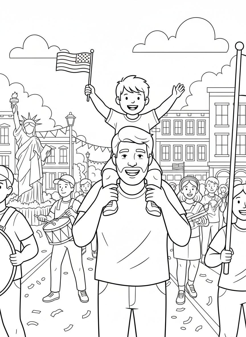Independence Day Parade coloring page prompts capturing patriotic parades, music, and festive community pride.	Parents lifting children onto shoulders to see over the crowd.