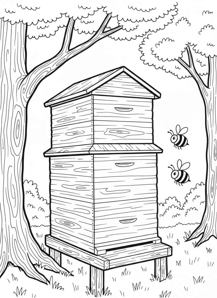Three stacked beehive boxes in an apiary with trees in the background and a few bees hovering nearby.