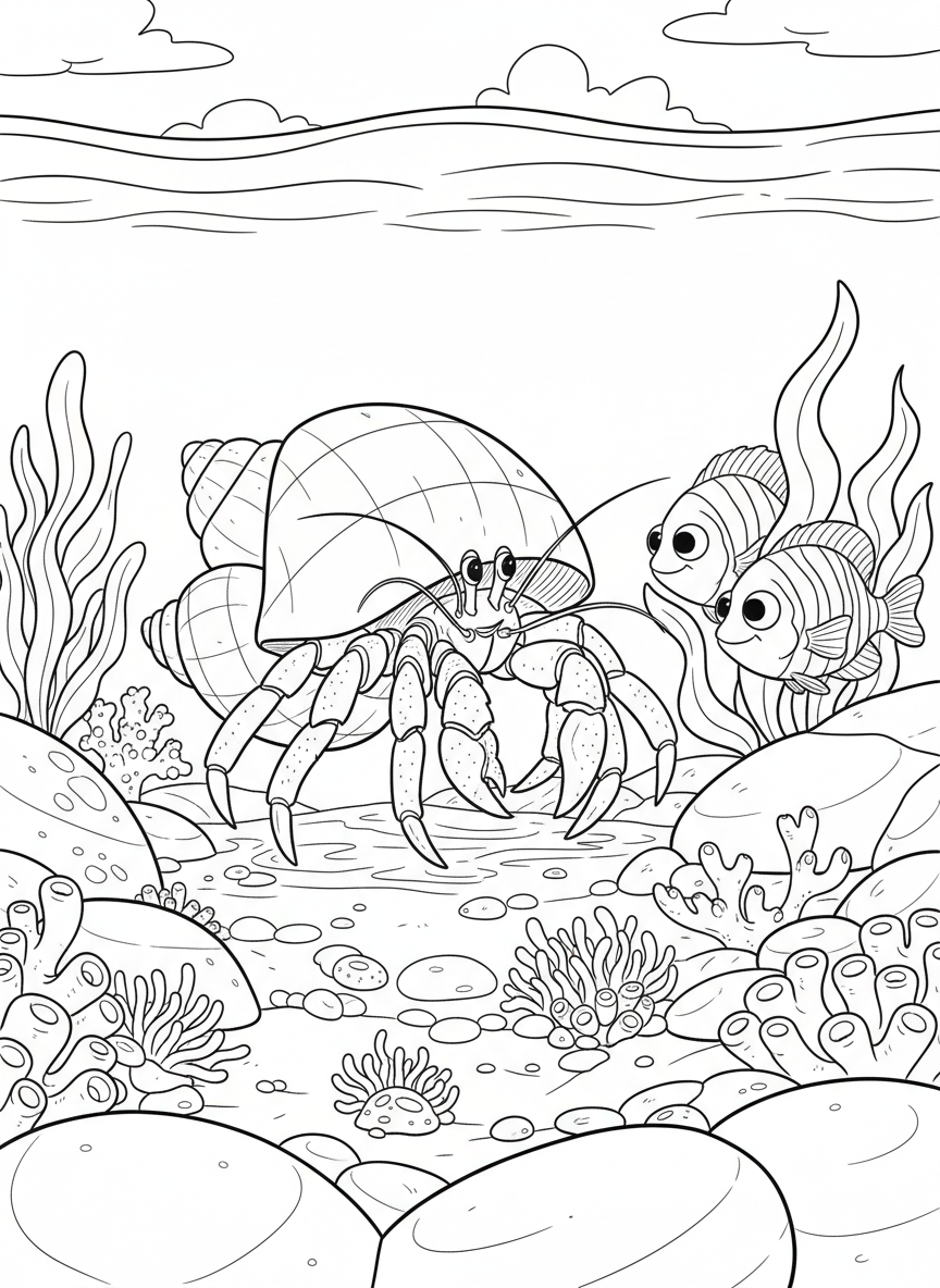 A hermit crab trying on a new striped shell next to its old shell, with curious tide pool fish watching nearby.