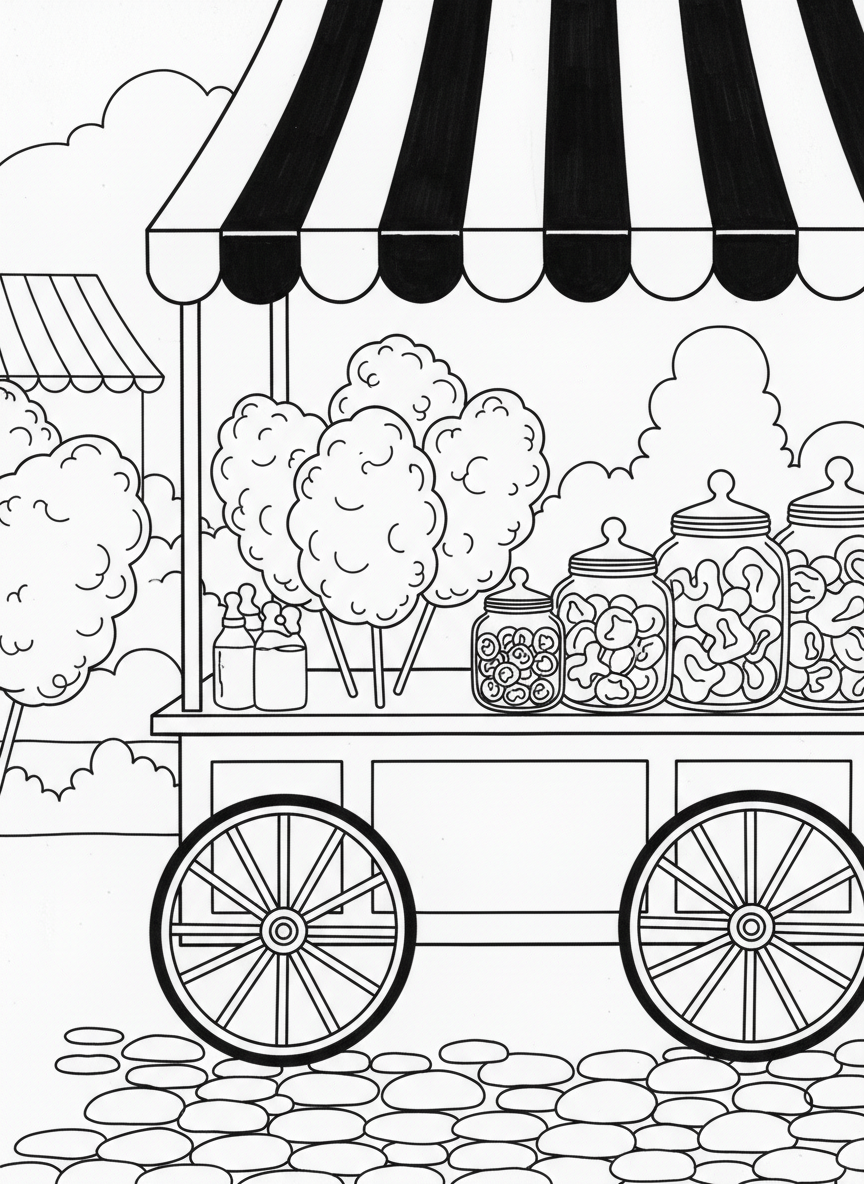 A cotton candy vendor stand with giant swirled cotton candy, jars of treats, and a striped canopy.