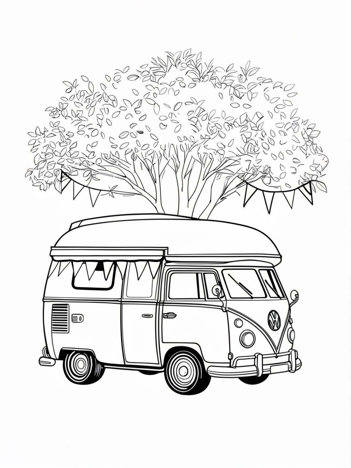 Camper Van: A retro, rounded camper van (like a VW bus) parked under a tree, with bunting flags hanging from the awning.