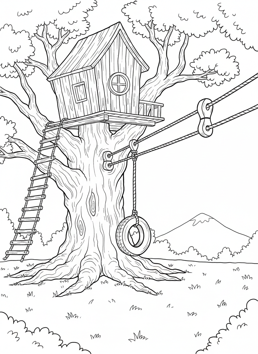 A treehouse with a tire swing, rope ladder, and zip line all attached, playground equipment style, fun and active scene.