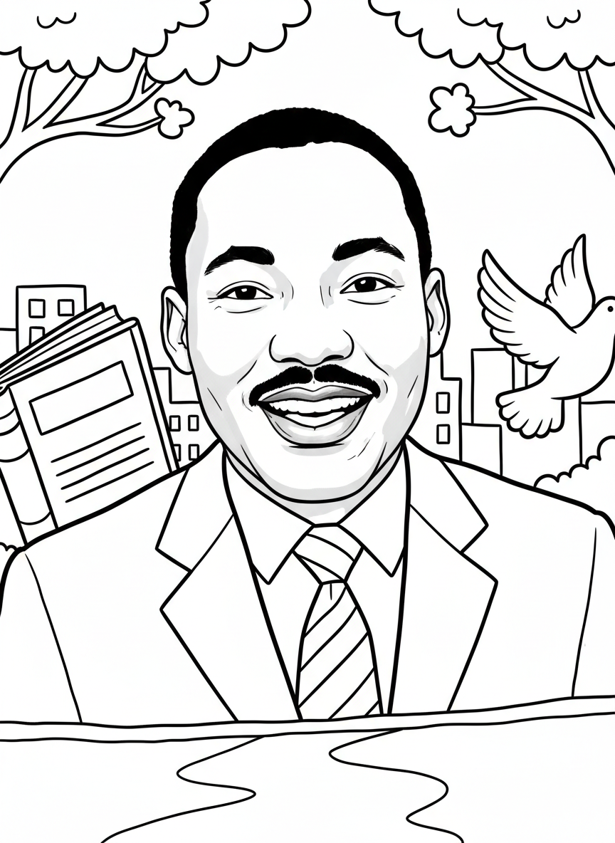 Martin Luther King Jr. portrait with a warm smile, wearing a suit and tie, simple line art suitable for young children to color