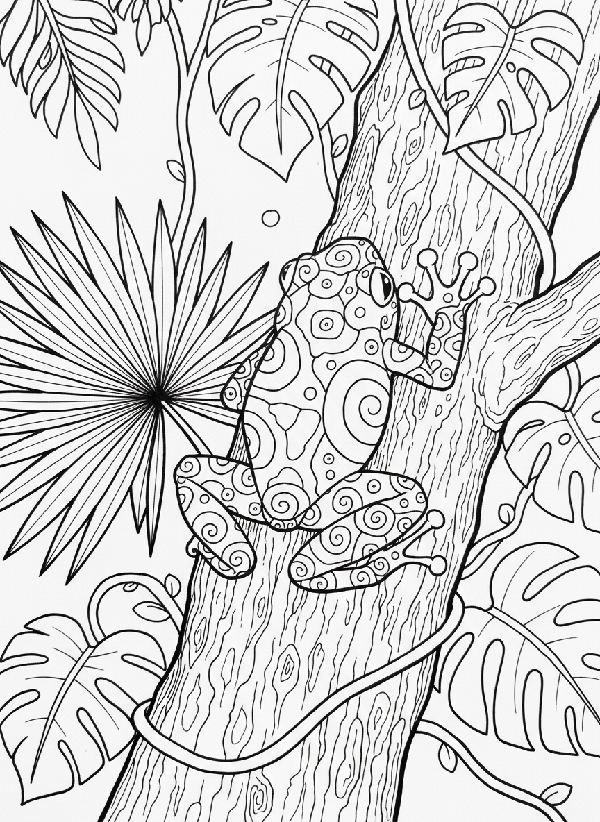 A poison dart frog climbing up a tree trunk, with bold pattern markings on its body and jungle foliage around it.