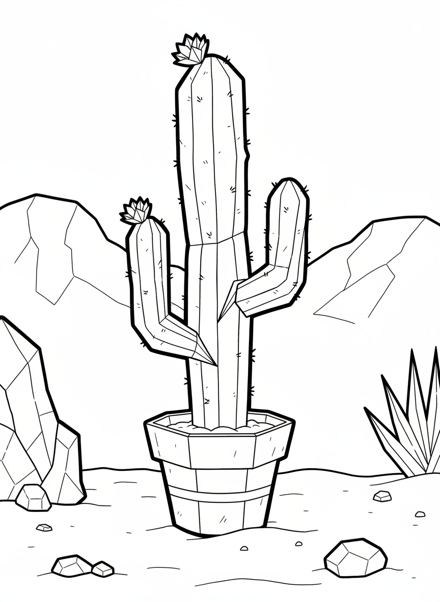 A tall origami cactus in a pot with geometric segments and fold lines, small paper flowers blooming on top, simple desert scene.