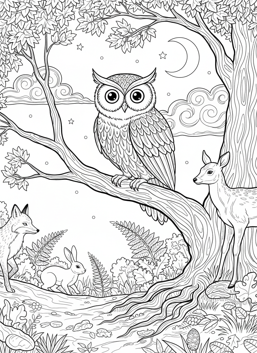 An owl perched on a tree branch at twilight while forest animals move quietly below among the undergrowth.