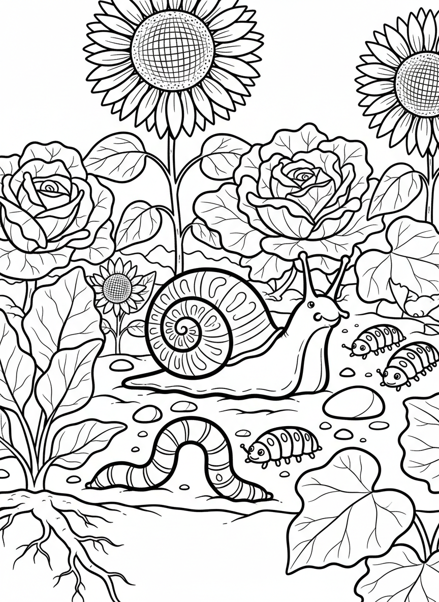 A garden scene with multiple insects including a snail, worm, and roly-poly bugs among vegetables and flowers.