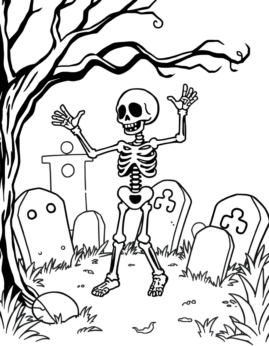 A cheerful skeleton dances in a graveyard