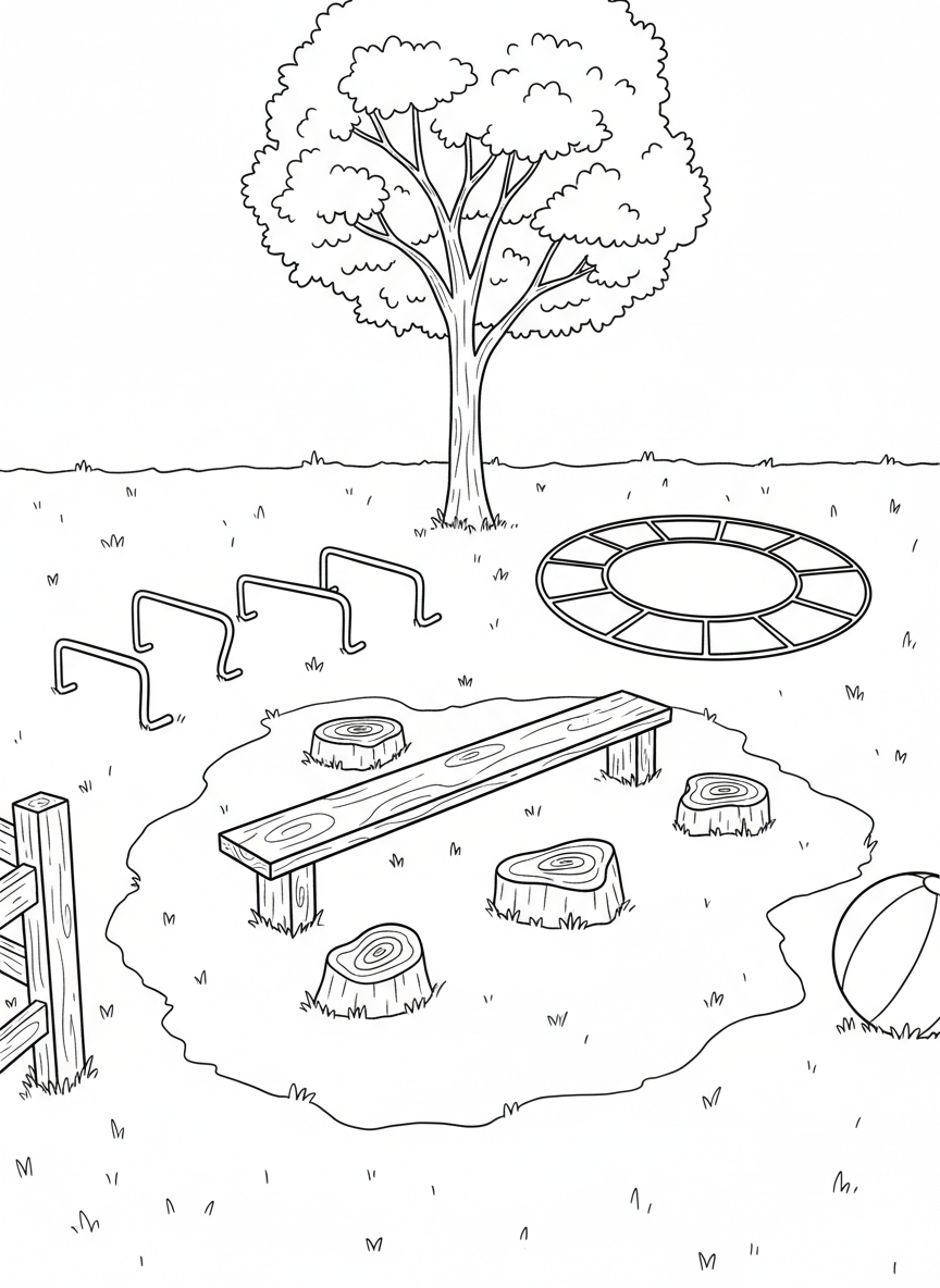 A balance beam low to the ground with stepping stones nearby, simple coordination equipment