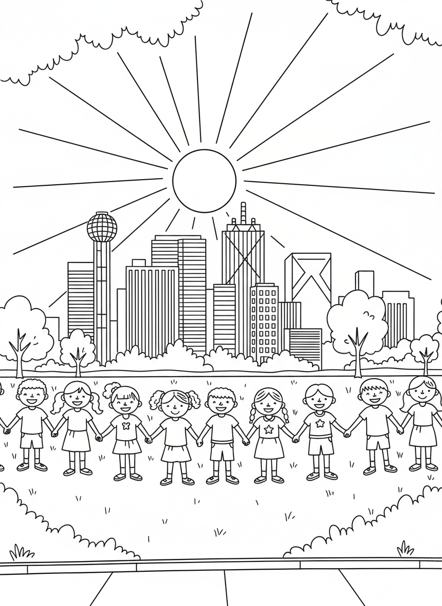 A group of diverse children holding hands in front of a simplified Dallas skyline with the sun rising behind them, community unity scene