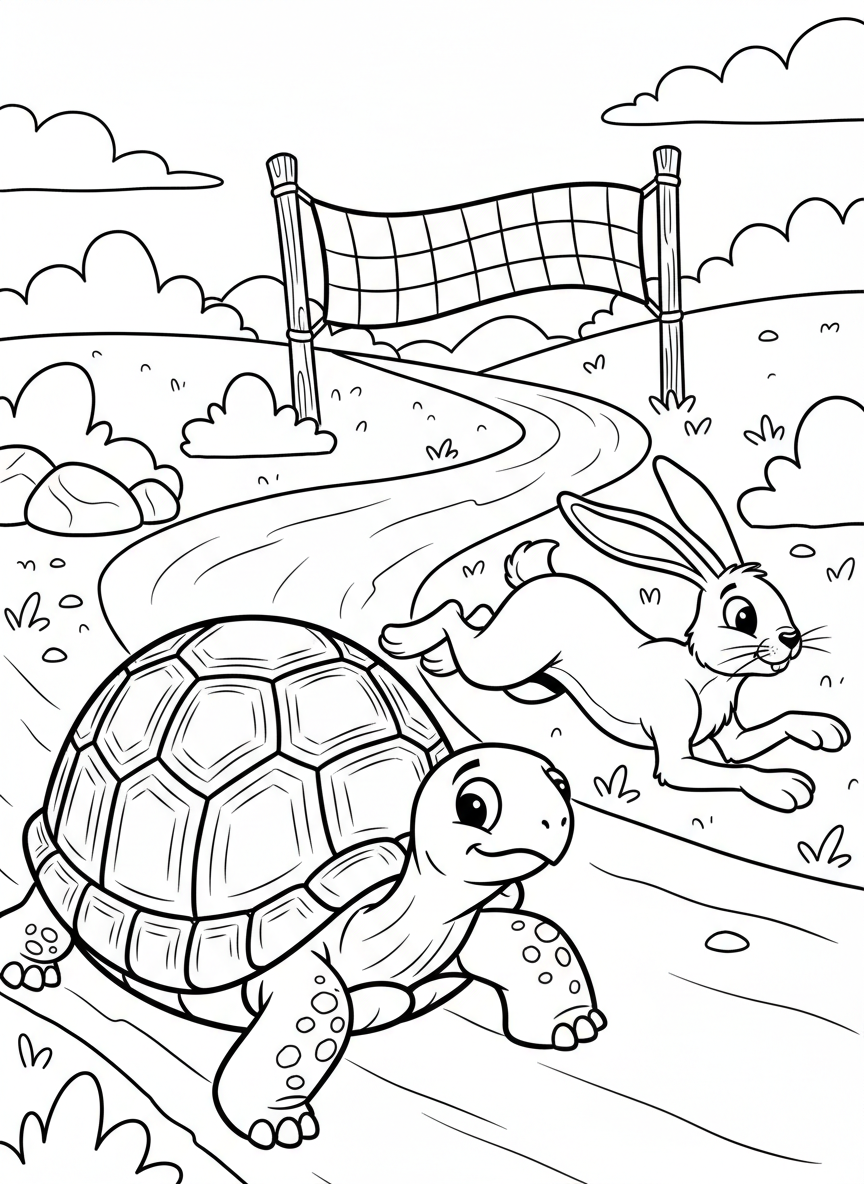 The tortoise and the hare racing along a winding path with a finish line, classic fable coloring page