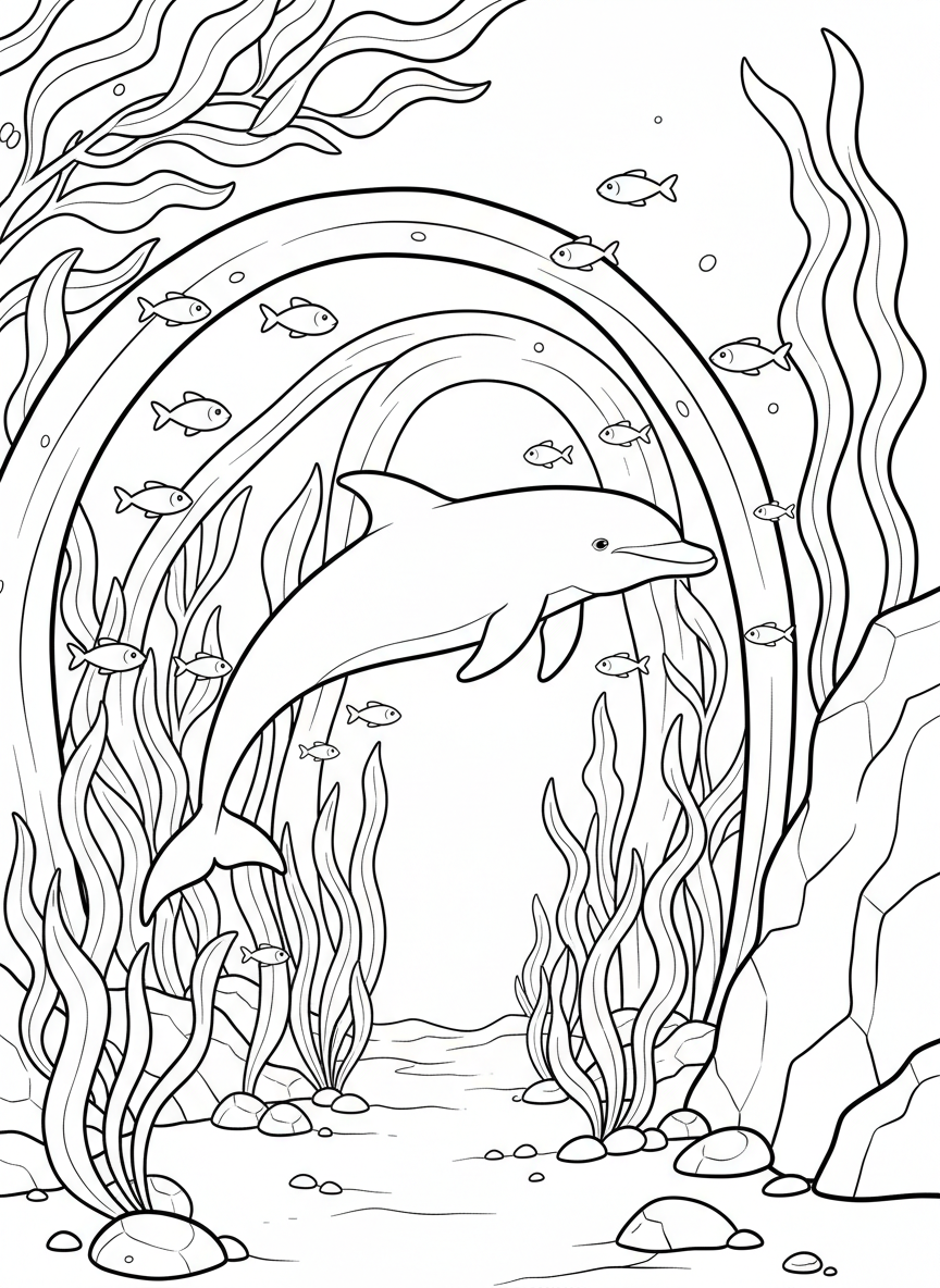 Magical underwater kelp garden with a dolphin gracefully swimming through arching kelp fronds, peaceful wide scene