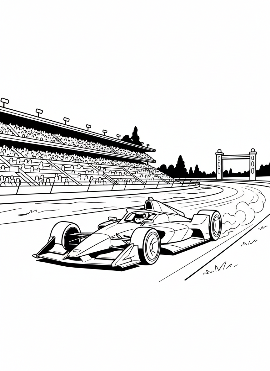 A sleek race car speeding around the Indianapolis Motor Speedway oval track with grandstands in the background, simple line art perfect for coloring.