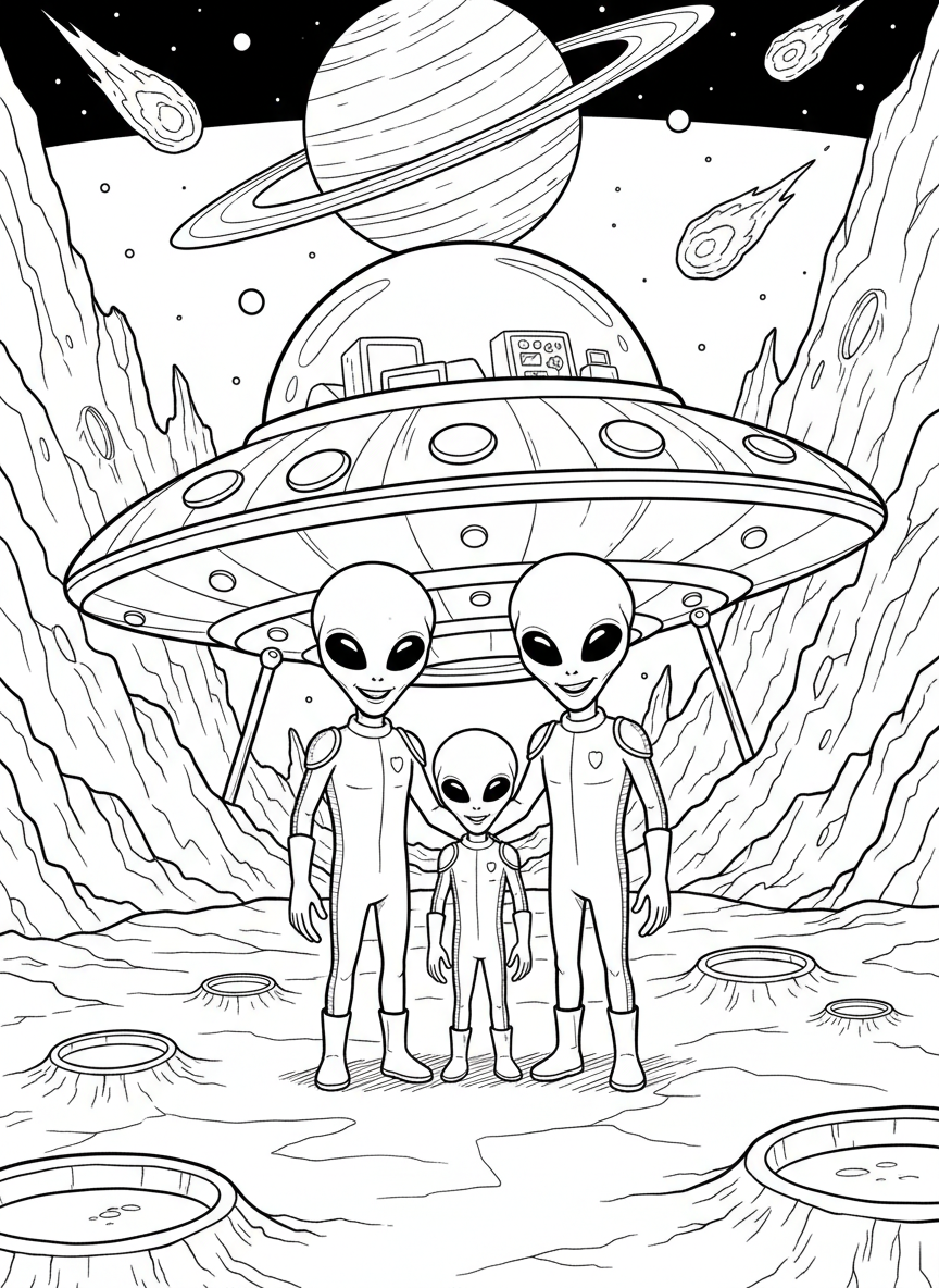A smiling alien family standing in front of their UFO spaceship on a distant planet with craters and rocks