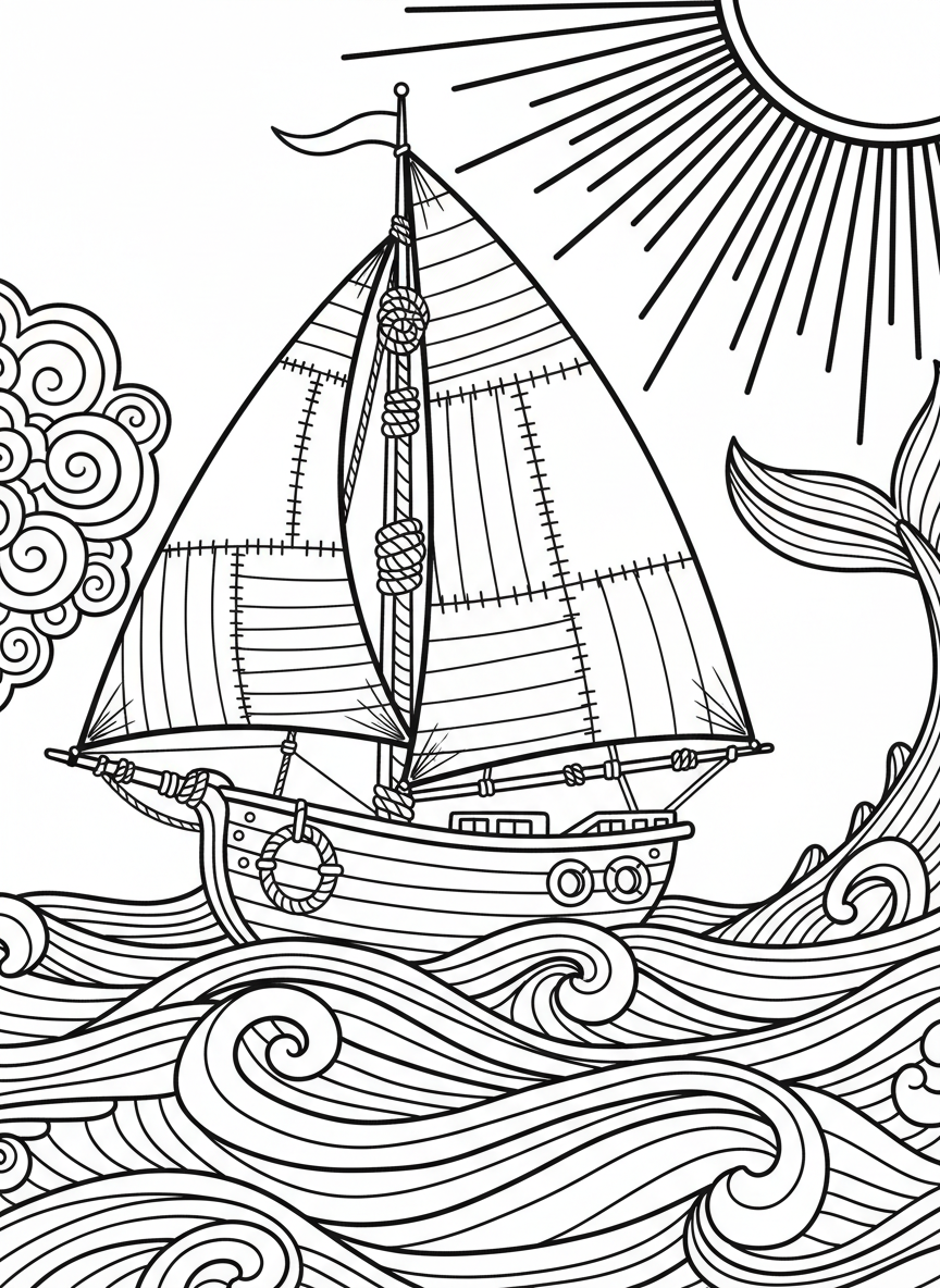 A whimsical handcrafted sailboat with patchwork sails and rope details, floating on gentle waves with a sun in the background, simple line art
