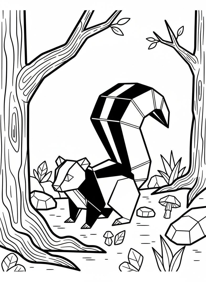 An origami skunk with prominent geometric tail held high, black and white stripe patterns, and simple forest floor details.