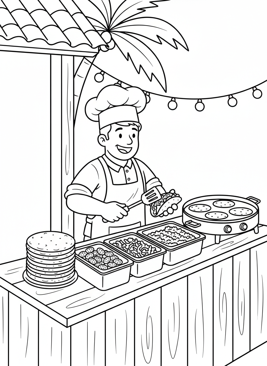 A simple taco stand with a fold-out counter, ingredient containers visible, tortilla stack, and a cheerful cook preparing food.