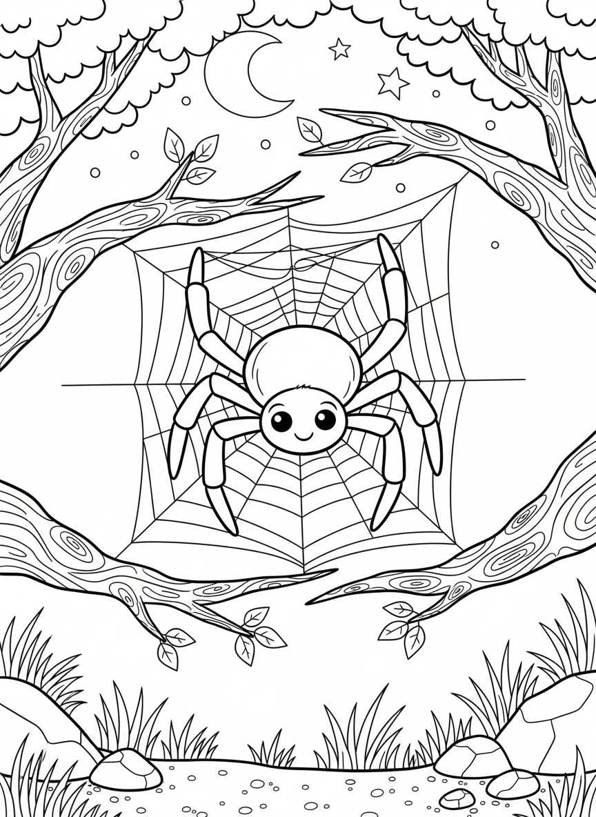 A spider spinning an intricate geometric web between two branches, non-scary friendly design.