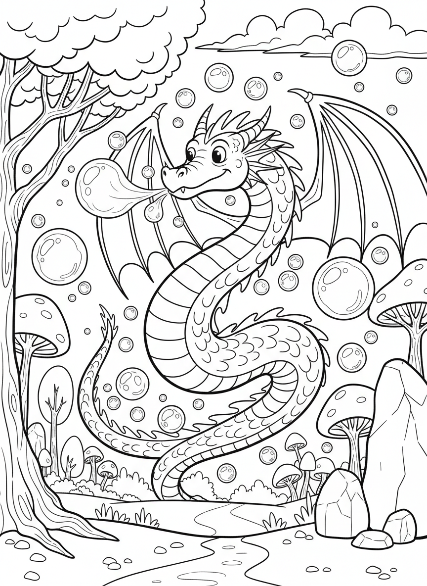A dragon blowing bubbles instead of fire, surrounded by floating bubbles of different sizes