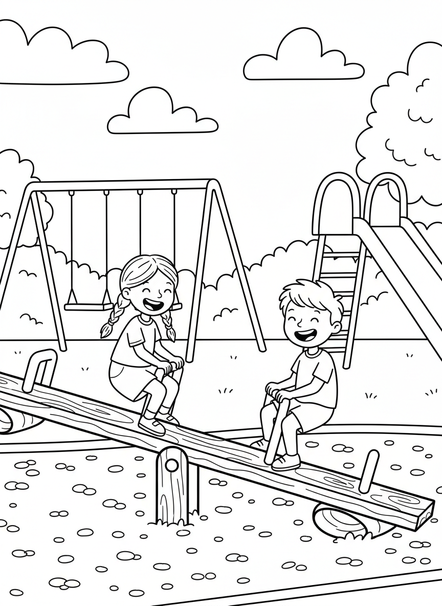 Kids playing on a seesaw at a playground, balancing together with smiles, simple playground equipment background.