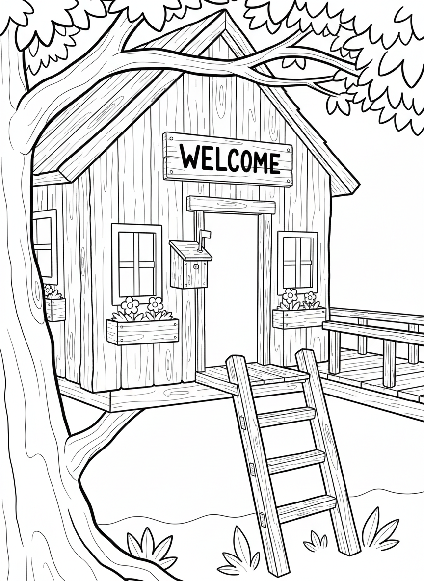Close-up view of a treehouse entrance with a welcome sign, mailbox, and flower boxes on the windowsills