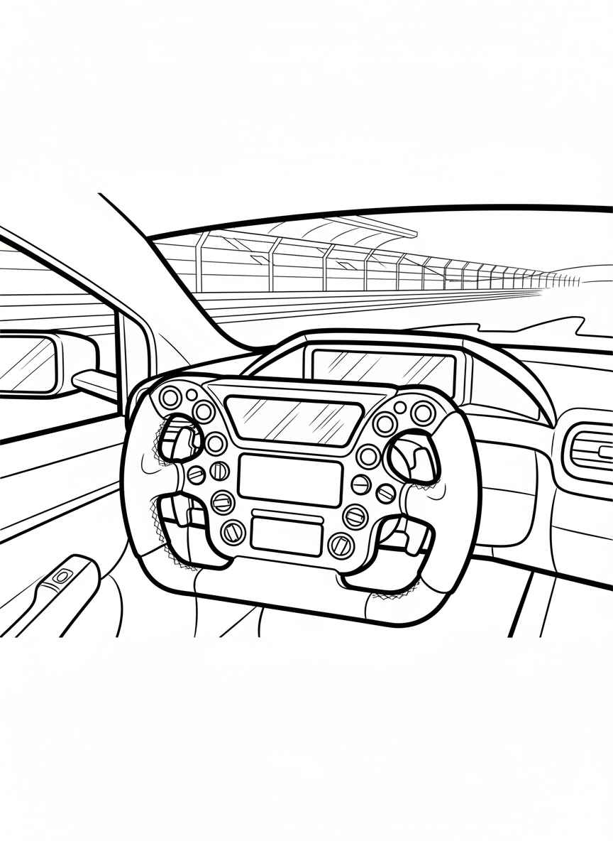 A Formula One steering wheel with multiple buttons and displays, shown as a detailed close-up from the driver's perspective.