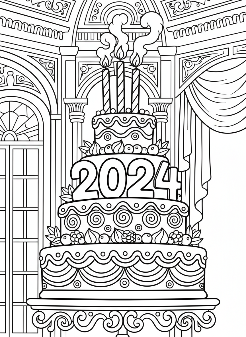 The number of the new year designed as a cake with candles, frosting swirls, and decorative elements