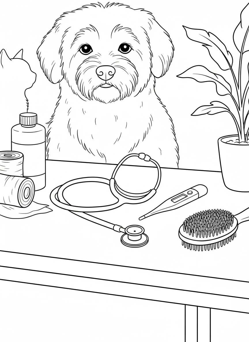 Close-up of veterinary tools laid out neatly: stethoscope, thermometer, bandages, and a pet brush on a clean table